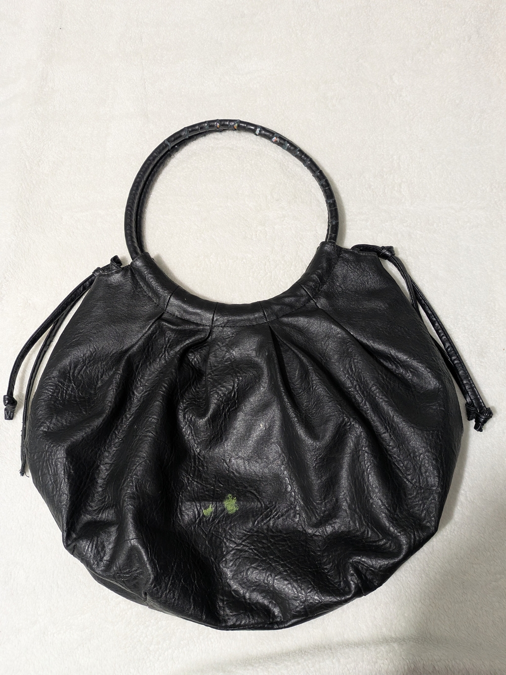 Nanette Lepore Black Ruched Hobo Bag O-Ring Handle Vegan Leather Drawstring